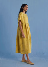 Rasa Floral Printed Sheer Linen Dress - Ochre